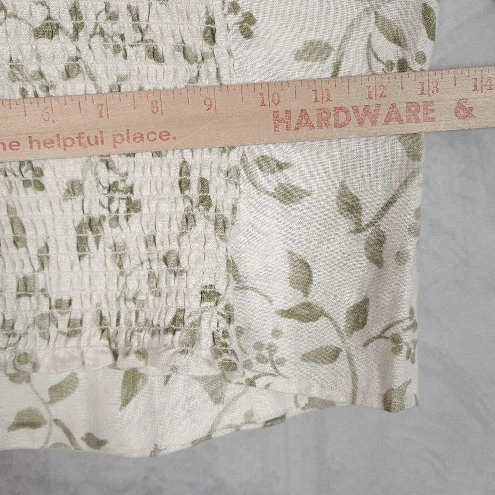 Reformation Blouse Womens 0 White Green Floral Linen Square Neck Puff Sleeve